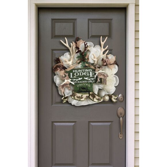 Handcrafted 22" Hunting Lodge Big Racks Only Holiday Front Entryway Door Wreath - Picture 2 of 5